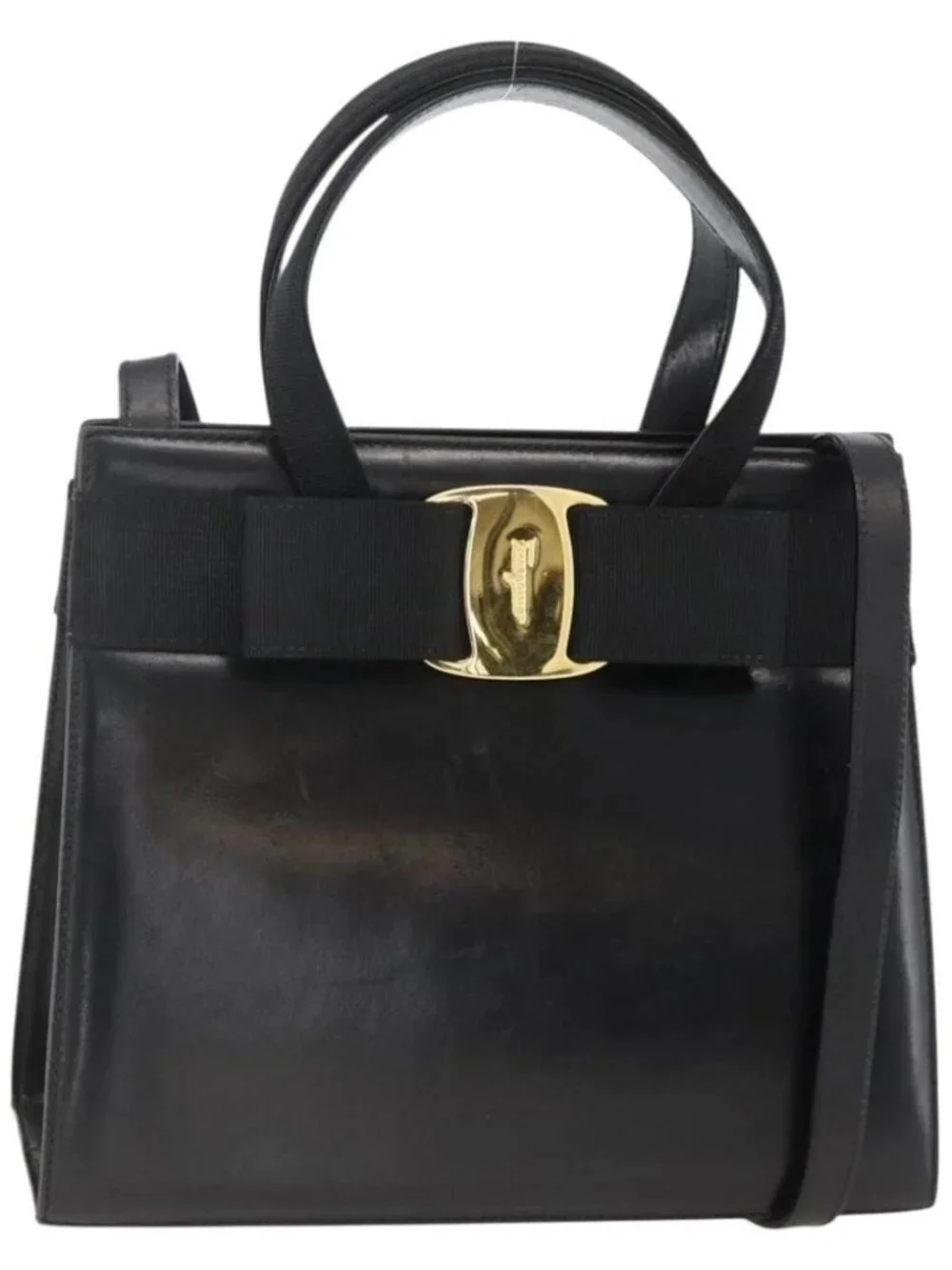 Salvatore Ferragamo Vala Ribbon Hand Bag Leather 2way Black Gold Auth ka3380
